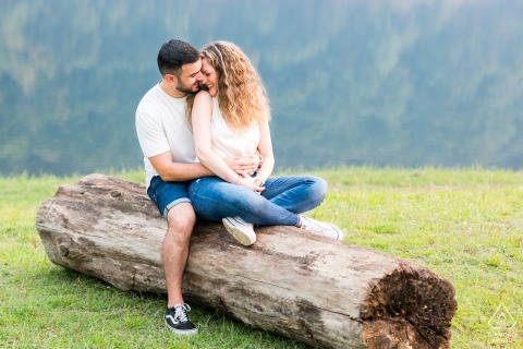 Pre-wedding portrait of a couple in a grass field in Lugo, Spain, sitting on an old log.