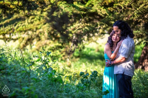 A couple is embraced or sharing an intimate interaction within the California wilderness. The expansive green foliage at Santa Cruz provides a sheltered, secluded atmosphere for their quiet display of affection.