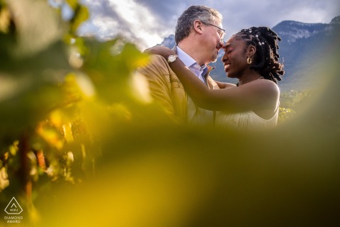 This beautiful portrait from Chapareillan, France, captures a candid and tender connection between the lovers at the end of the day, reflecting a warm and personal close to their session.