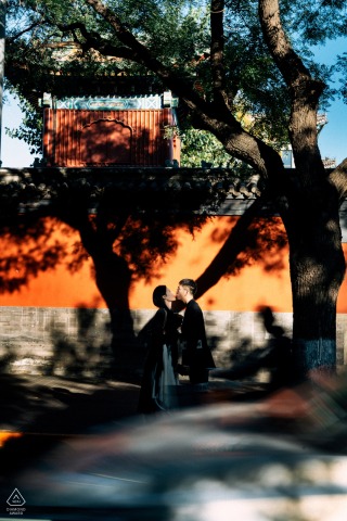 Beijing Old City Wall Engagement Photography: Couple Kissing in Sunlight with Dappled Shadows At the old city wall in Beijing, China, a couple kisses in sunlight, surrounded by dappled shadows from nearby trees in an urban setting.