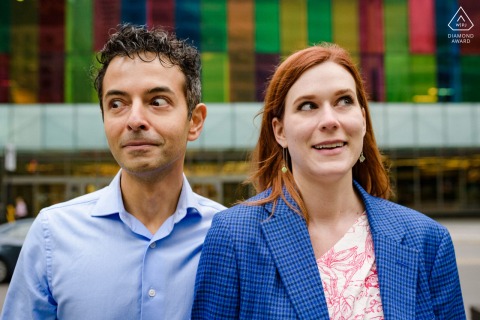 This joyful engaged couple enjoys a lighthearted session in Montreal, Quebec, making funny faces at one another to showcase their quirky personalities and the fun side of their relationship.