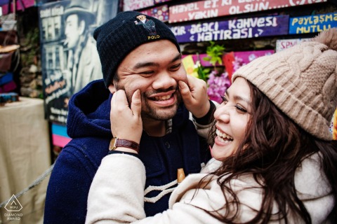 Wandering through the picturesque neighborhood of Balat in Istanbul, Türkiye, the couple celebrates their engagement.