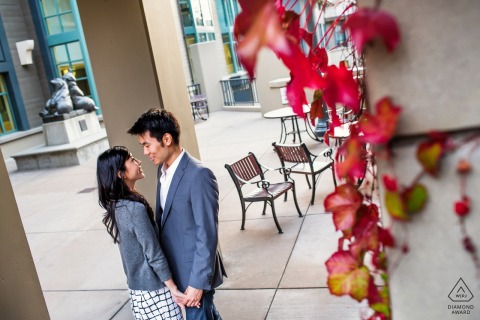 At UC Berkeley in California, the couple poses in an outdoor courtyard, the scene viewed from above, with distinctive campus architecture and leafy surroundings highlighting the university’s vibrant and welcoming atmosphere.