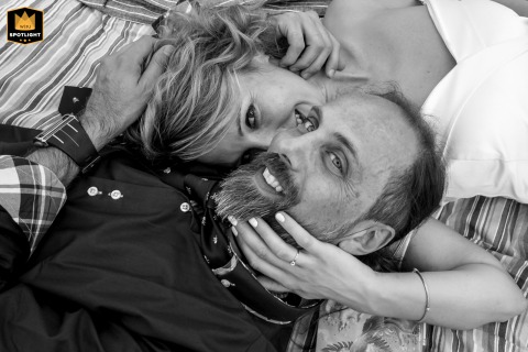 A WPJA wedding photo: A close, overhead portrait from Parma, Italy, features a yin-yang-inspired pose in black and white.