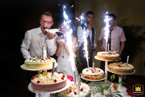 At Domaine de Baulieu, Gers, the bride and groom stand with doves in front of their wedding cake with fireworks, captured by a WPJA photographer.