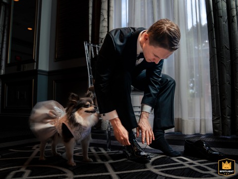 The Rittenhouse Hotel, Philadelphia: Chris gets ready for his wedding to Claudia, accompanied by his furry companion, from shoelaces to vows.