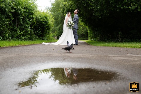 A newlywed couple poses at London Wetland Centre, with pigeons gracefully gathered in the foreground, enhancing the scene.