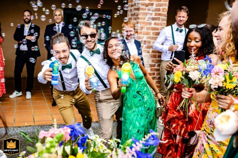 Outside the town hall in Léojac near Montauban, the newlyweds are celebrated as they exit after their civil ceremony.
