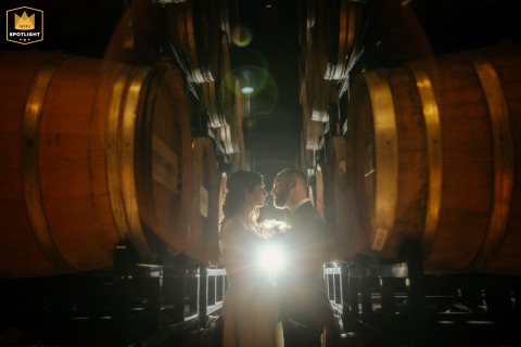 A bride and groom pose between oak wine barrels at Chicago Winery. The couple is backlit, creating a cinematic glow and a romantic atmosphere for their quiet wedding portrait.