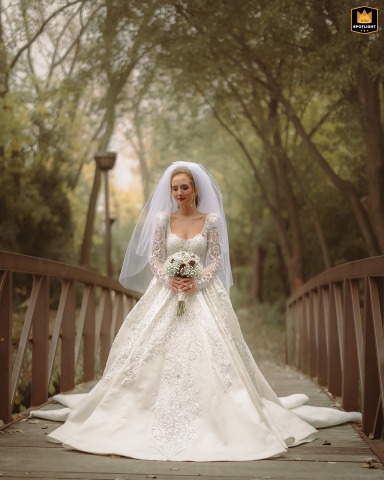 On a wooden bridge at Gaelic Park in Oak Forest, Illinois, a bride stands gracefully, surrounded by trees. She wears an ornate lace gown and veil, holding her bouquet in a serene portrait.