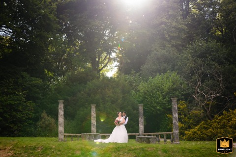 During golden hour, the sun's rays blast through the tall trees behind a couple posing for a portrait at Pendley Manor. The strong backlight creates a dramatic, romantic mood.