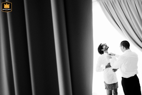 Two Worlds Collide: Groom and Brother-in-Law Prepare for Forever Groom and brother-in-law getting ready at Villa La Rondinaia in Ravello