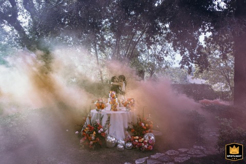Palazzo Viviani's Garden Wedding Cake with Billowing Colored Smoke in Italy Wedding couple cuts cake with colored smoke in the garden of Palazzo Viviani in Monte Gridolfo, Rimini, Italy.