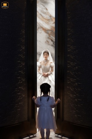 A documentary photograph at a hotel in Fujian, China, captures a touching scene. The image shows a little girl imagining herself in a wedding dress as the bride recalls her childhood.