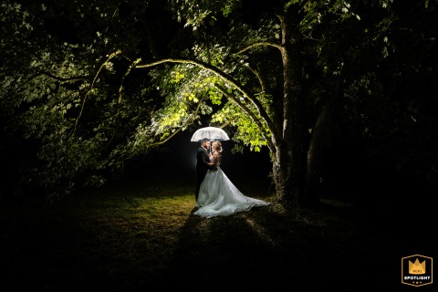 Raining Sunlight on a Bride and Groom at a French Chateau A photograph shows a bride and groom during a couple's session at Chateau de Rossignol in Chalignac, France. The couple is framed by dark foliage and a backlit green canopy of trees overhead while it rains.