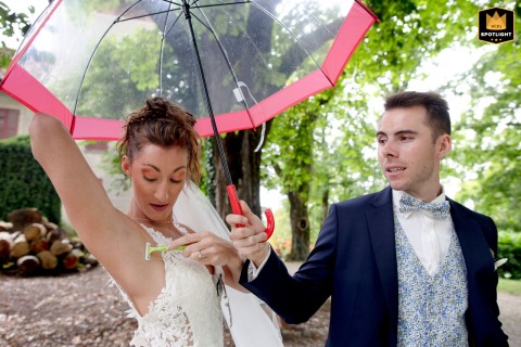 Bride Shares Candid Moment Shaving Armpit Before Wedding At La Médicée, France The bride shaves her armpit at La Médicée, France, in a private moment before the wedding ceremony.