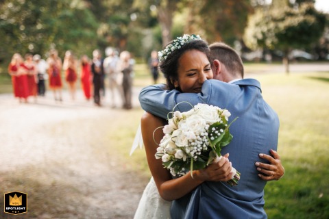 Bordeaux First Look: Loving Couple’s Emotional Wedding Portrait Captures Unforgettable First Glance First look wedding portrait in Bordeaux of a loving couple seeing each other for the first time.