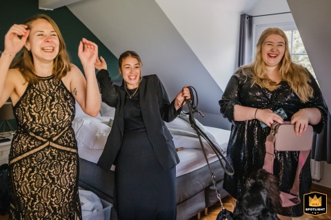 Laughing, Dancing Bridesmaids at Landgut Stüttem, Germany: Joyful Wedding Moments Bridesmaids having fun at Landgut Stüttem, Wipperfürth, Germany.