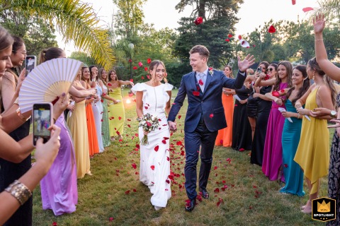 Argentina Grand Entrance: Bride and Groom's Rosario La Arbolada Celebration Bride and groom make their grand entrance at La Arbolada venue in Rosario, Santa Fe, Argentina.