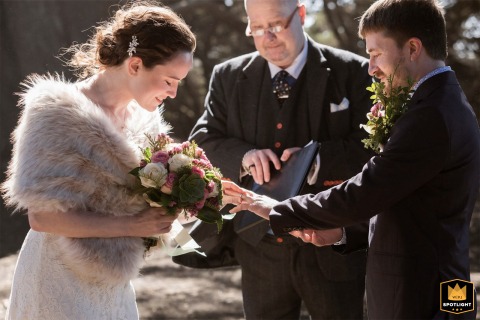 Perfect Golden Light Highlights Wedding Ring Exchange At Cypress Grove, Mendocino, California Mendocino, California: A ring ceremony at Cypress Grove with perfect light highlighting hands and the wedding ring.