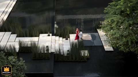 Unique High-Angle Drone Portrait Of Bride And Groom At Four Seasons Bangkok Four Seasons Bangkok, Thailand, serves as the stunning backdrop for an elevated, unique portrait of the bride and groom captured expertly by a high-angle drone.