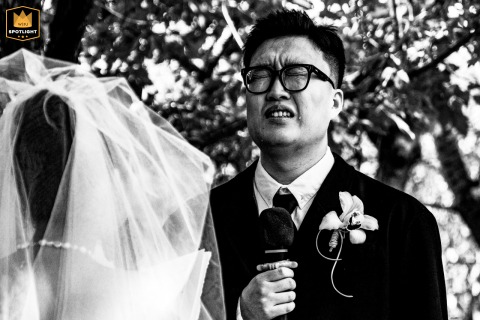Groom’s Emotional Reaction During Wedding With Bride At Winter Garden Venue Near Beijing Black and white photo capturing the groom’s emotional reaction during a winter garden wedding near Beijing.
