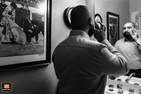   Preparations for the big day unfold for a rural Georgia backyard wedding, where the groom gets ready in a bathroom mirror.
