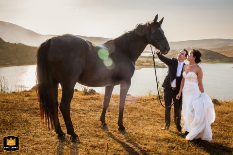   The newlyweds pose for a timeless wedding day portrait with a horse at Danhill Manor in Nicasio, California, surrounded by the venue’s view of the water and romantic elegance.