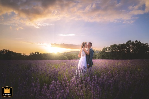 Newlyweds Wander Through Fragrant Lavender Fields In The Black Perigord Region Of Dordogne France In Saint-Germain de Belvès, Dordogne, France, the couple wanders through fragrant lavender fields in the Black Périgord, surrounded by vibrant purple and scenic beauty.
