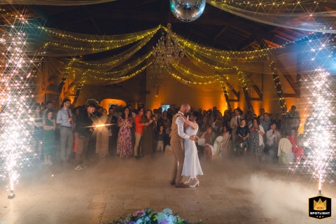 A first dance unfolds for Laetitia and Guillaume at Château de Montrouge in Loire, with swirling lights, smoke, and an air of pure wonder surrounding them.