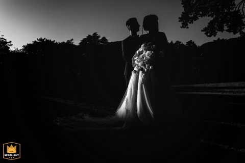 Silhouette Portrait Of A Bride And Groom Gazing At Each Other In Leotardie France In a field at Leotardie, the bride and groom gaze lovingly at each other, their silhouettes highlighted as the light beautifully illuminates the bride’s dress.