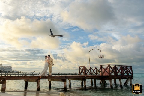 Sunset fills the sky in Cancun, where birds soar above the pier as the newlyweds share a romantic kiss embraced by golden light over gentle waves.