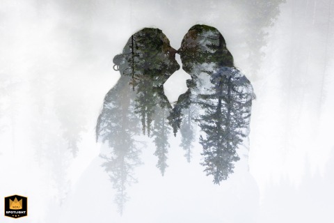 On the Ouray Perimeter Trail in Colorado, the outlines of two brides appear over a misty mountain forest in a creative double exposure, blending love and natural drama into an artistic visual summary of their remote wedding setting.