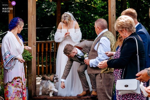At The Venue in Halifax, the photographer captures a heartwarming moment as the groom shares a fist bump with his dog at the altar, showcasing impeccable timing and delightful, candid connection.