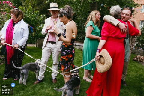 Bride's dog gets tangled in its leads as wedding guests say goodbye at Phoenix Community Garden in Covent Garden, London.