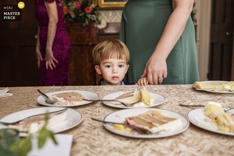 At Lyman Estate in Waltham, Massachusetts, a young child peers at slices of wedding cake, his head just visible above a table filled with cake plates in the foreground.