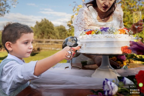 While the bride and groom cut their wedding cake at a Sardinian reception, their young son pokes his finger into the cake, his Venom tattoo adding a playful comic book twist to the moment.