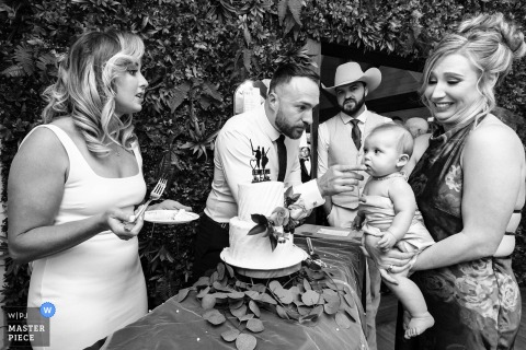 At Willow Falls Resort, Blue Ridge, Georgia, The Groom Shares A Moment By Offering Cake Icing To A Baby. At Willow Falls Resort in Blue Ridge, GA, the groom playfully offers icing from the wedding cake to a baby, adding a sweet and memorable moment to the festivities.