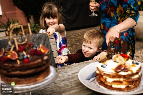 A little girl and boy excitedly point at their favorites on the towering dessert table at The Mount, Salcombe, Devon, eagerly sharing their wishes at the venue.