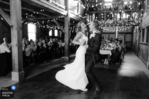   During their reception at Turner Farm on North Haven Island, Maine, the bride and groom joyfully sing to one another in the middle of their rehearsed dance, surrounding themselves with love and music.