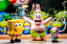 A wedding image from Taiwan featuring SpongeBob and Patrick Star holding wedding rings