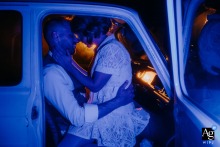 At a Centre-Val de Loire reception venue, a nighttime shot captures tension as the couple sits in a Renault 8, illuminated by ambient light outside the car.