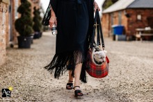 At Clayfield Farm in Pocklington, England, a wedding guest arrives with her dog nestled in a designer bag, adding a touch of charm and personality to the celebration.