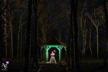 Couple in Woods at Stratton Court Barn, Backlit by Green Gel Light Couple in the woods at Stratton Court Barn, illuminated with a green gel light from behind.