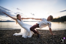 Artistic Sunset Dance Portrait Of Bride And Groom At Beyond Hope Resort Idaho Amid the sunset's warm glow at Beyond Hope Resort in Idaho, the bride and groom share an intimate, artistic dance during their wedding day portrait session.