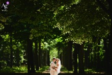 Amsterdam, Noord Holland — The couple poses low in the frame for a minimalist, symmetrical portrait in a forest, with majestic trees towering in the background to create a serene and natural wedding image.