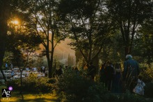 An artistic photograph creates a moody scene-setter at Casa Lavanda, highlighting the wedding's location with a subtle view of a couple walking toward the event.