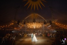   At Guinguette des Javanaises in Loches, France, the newlyweds make a grand entrance under a magnificent circus tent, adding excitement and spectacle to the celebration.