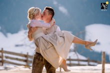 At Restaurant Rossmoos in Alpbach, Austria, the bride and groom share a wedding-day photoshoot surrounded by the alpine charm of the setting, creating a relaxed portrait with a strong sense of place.