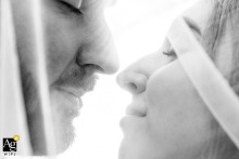 At Domaine de la Fauconnie in France, the bride and groom steal a kiss beneath the veil, creating a beautifully intimate portrait where the close framing emphasizes their quiet connection and shared emotion.